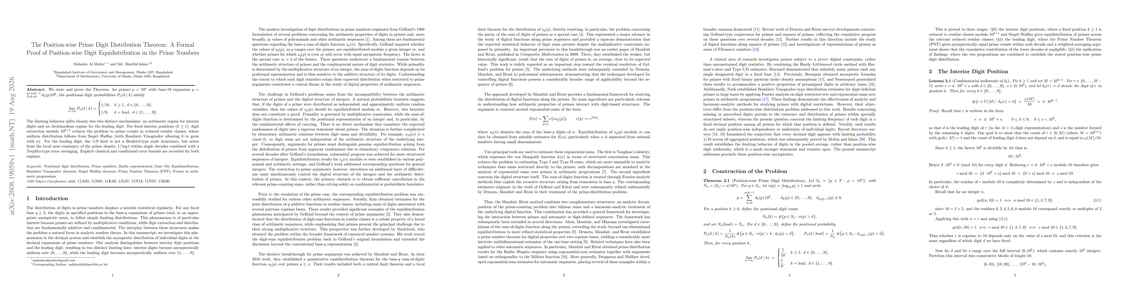 Thumbnail for The Position-wise Prime Digit Distribution Theorem: A Formal Proof of Position-wise Digit Equidistribution in the Prime Numbers