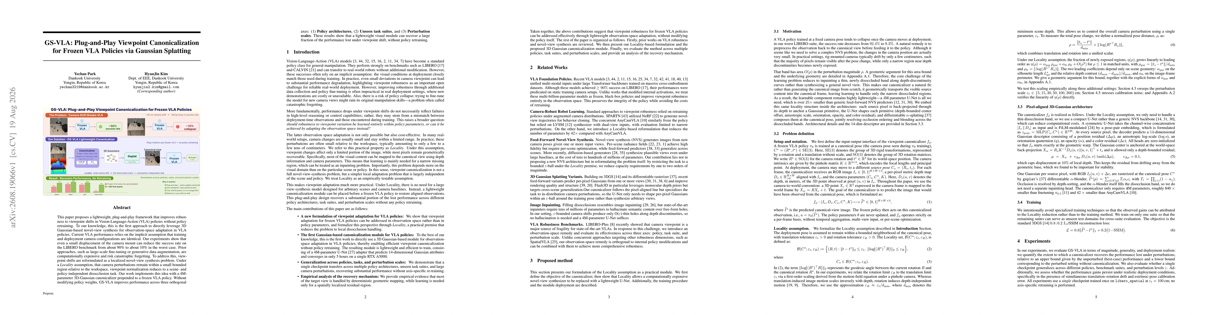 Thumbnail for GS-VLA: Plug-and-Play Viewpoint Canonicalization for Frozen VLA Policies via Gaussian Splatting