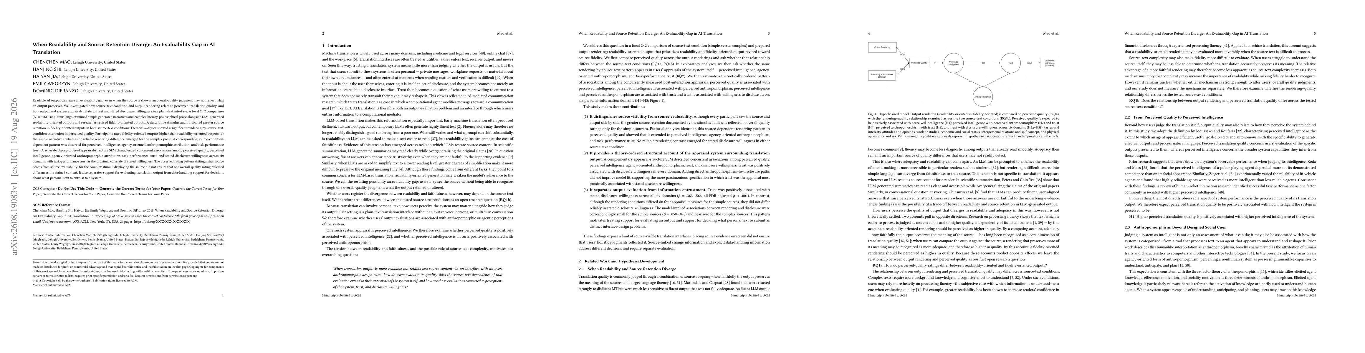 Thumbnail for When Readability and Source Retention Diverge: An Evaluability Gap in AI Translation