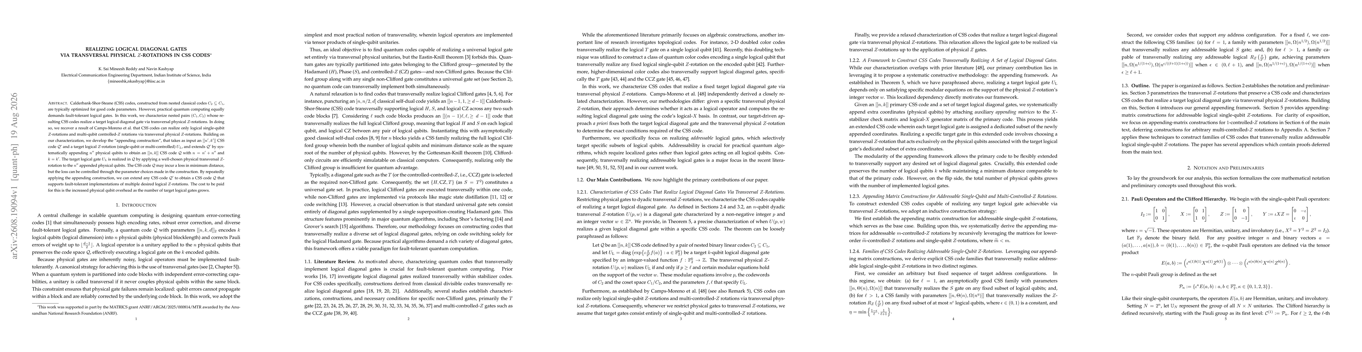 Thumbnail for Realizing Logical Diagonal Gates via Transversal Physical $Z$-Rotations in CSS Codes