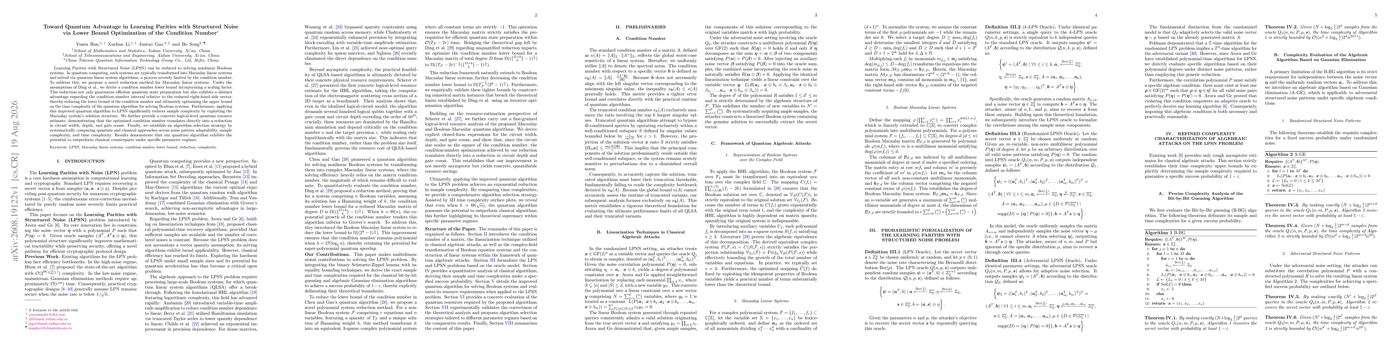 Thumbnail for Toward Quantum Advantage in Learning Parities with Structured Noise via Lower Bound Optimization of the Condition Number