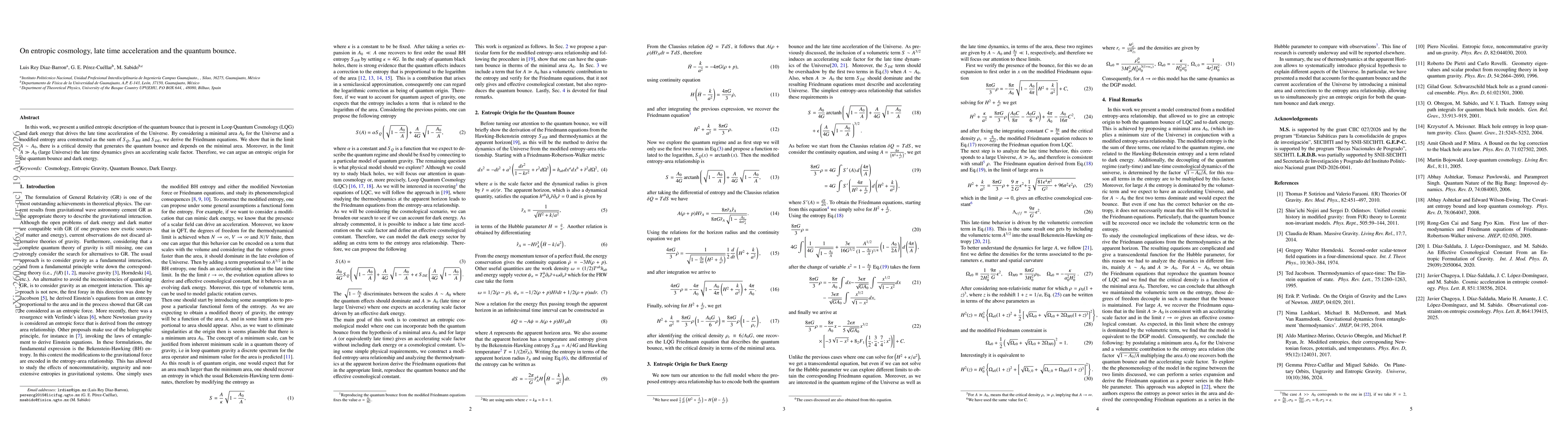 Thumbnail for On entropic cosmology, late time acceleration and the quantum bounce