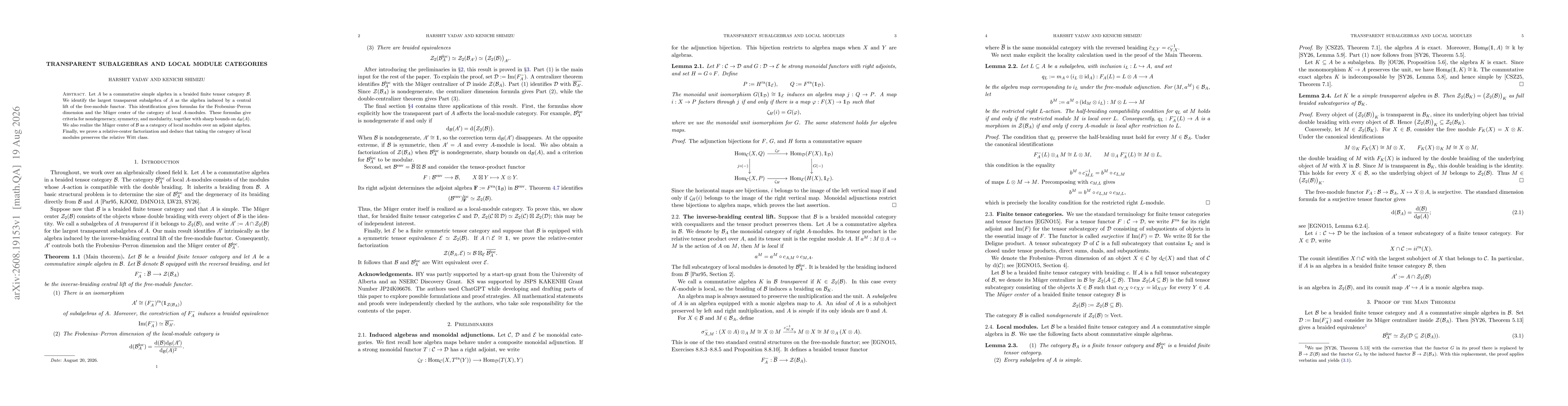 Thumbnail for Transparent Subalgebras and Local Module Categories