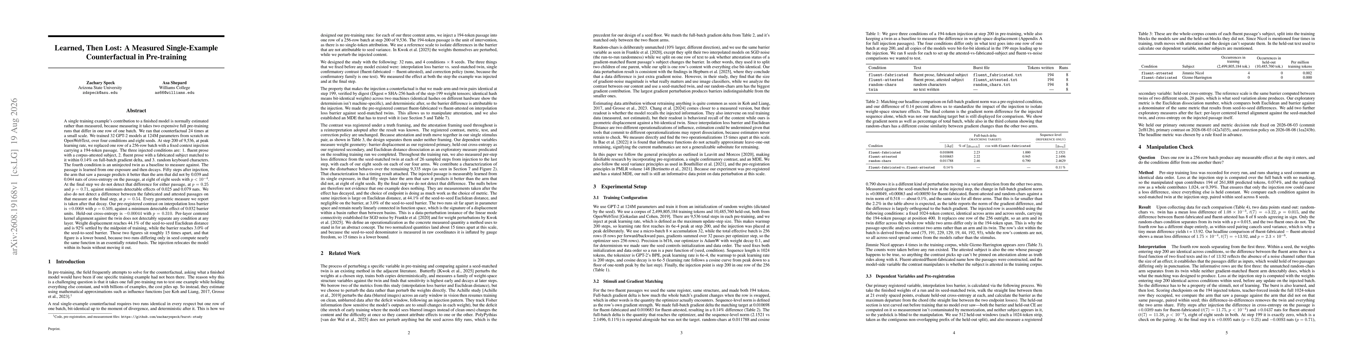 Thumbnail for Learned, Then Lost: A Measured Single-Example Counterfactual in Pre-training