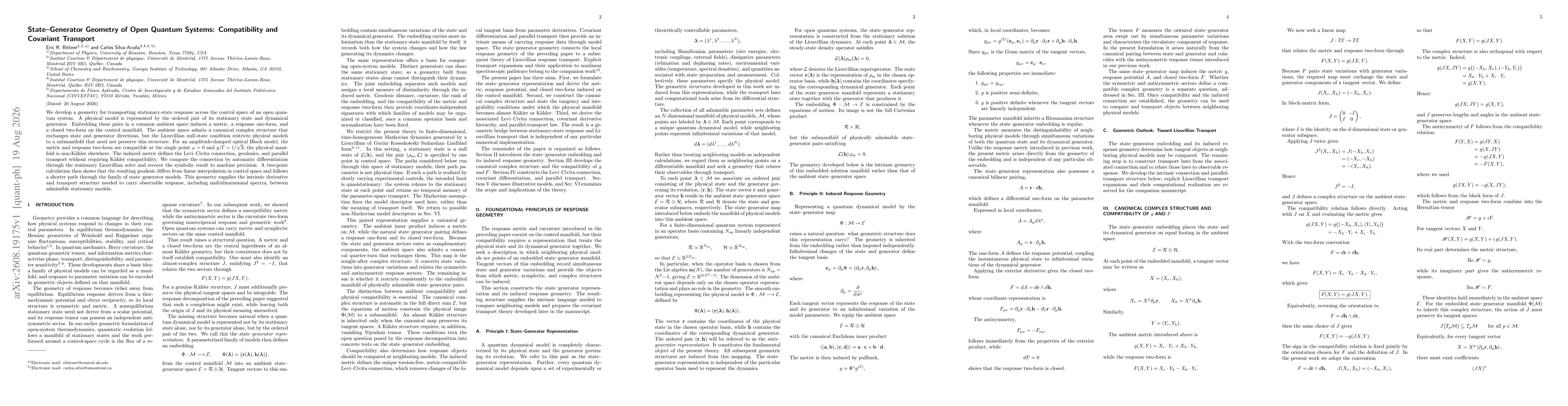 Thumbnail for State--Generator Geometry of Open Quantum Systems: Compatibility and Covariant Transport
