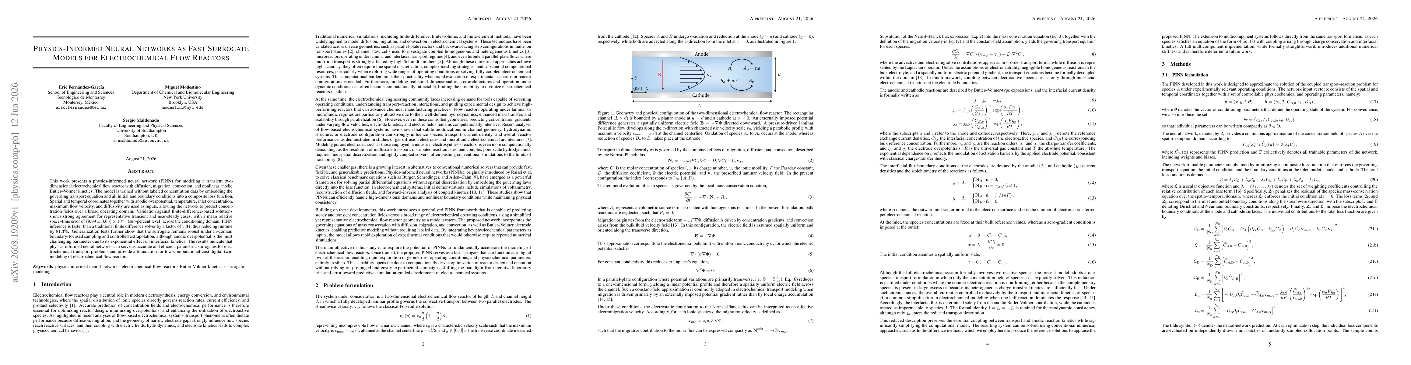 Thumbnail for Physics-Informed Neural Networks as Fast Surrogate Models for Electrochemical Flow Reactors