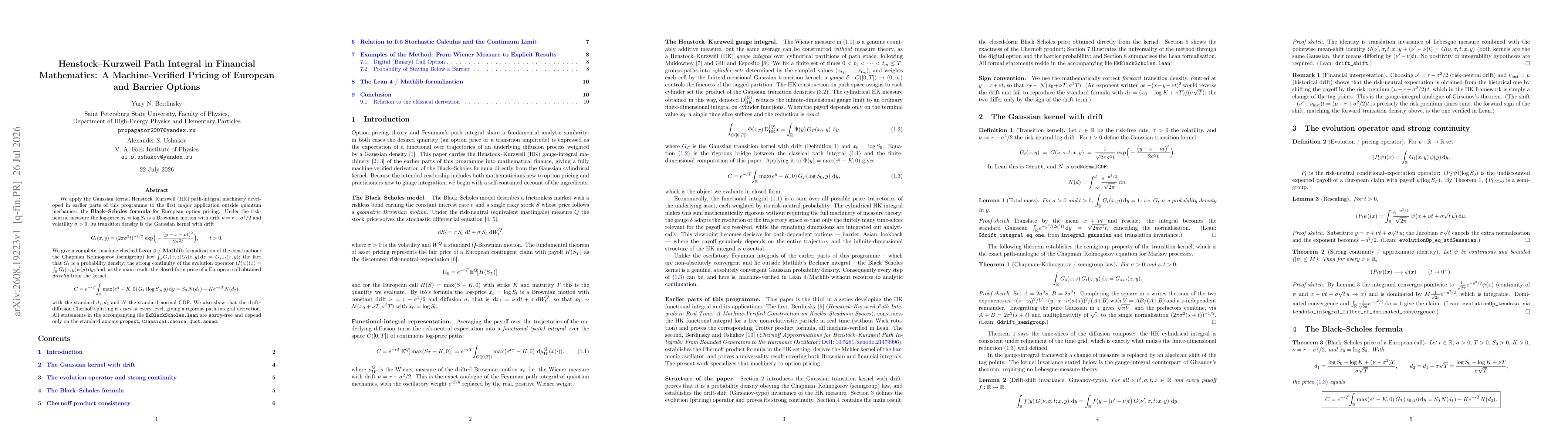 Thumbnail for Henstock--Kurzweil Path Integral in Financial Mathematics: A Machine-Verified Pricing of European and Barrier Options
