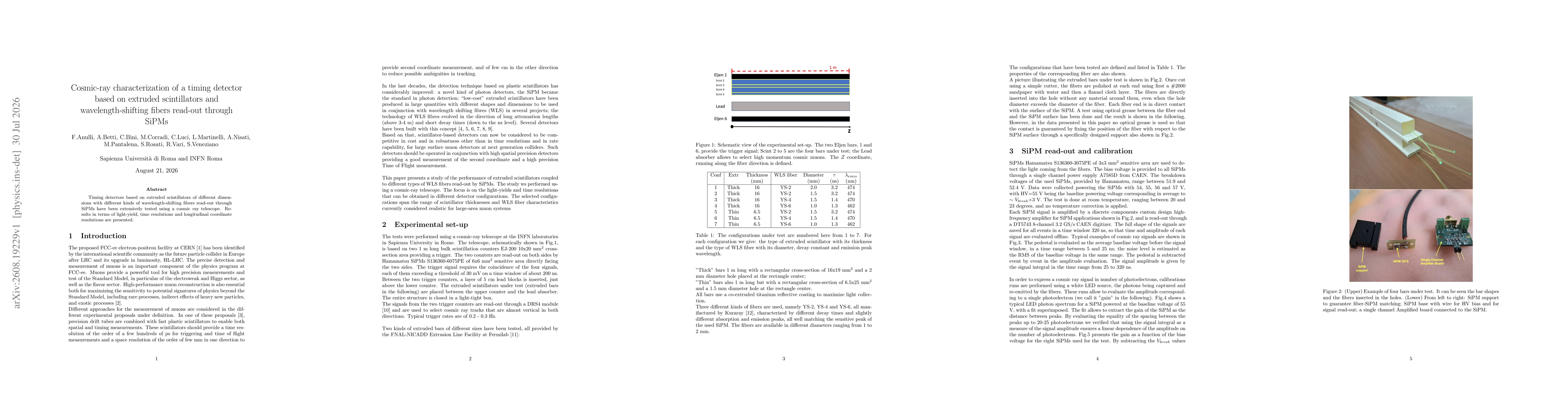 Thumbnail for Cosmic-ray characterization of a timing detector based on extruded scintillators and wavelength-shifting fibers read-out through SiPMs