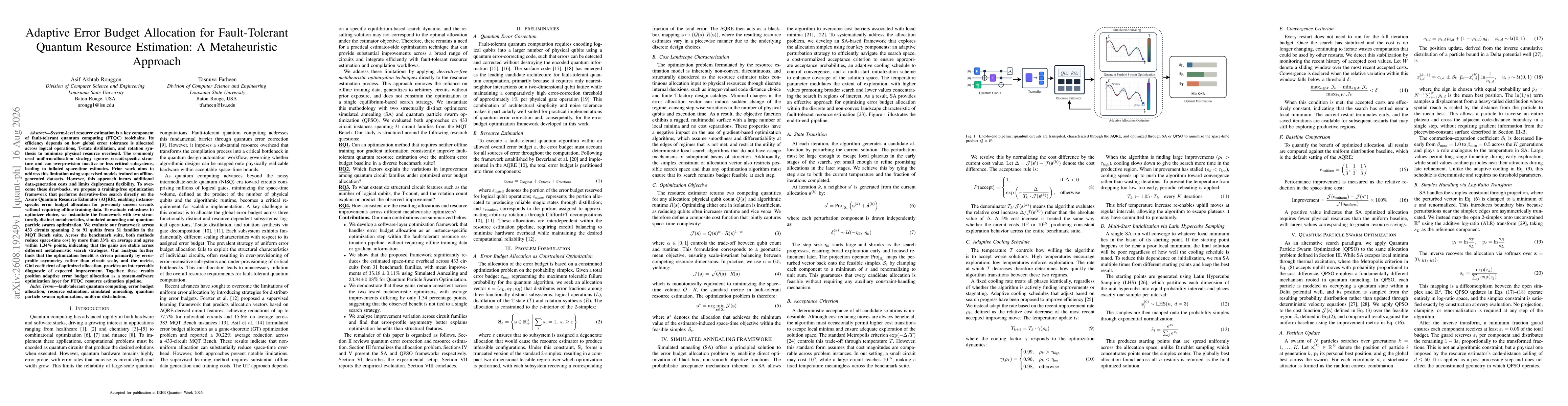 Thumbnail for Adaptive Error Budget Allocation for Fault-Tolerant Quantum Resource Estimation: A Metaheuristic Approach