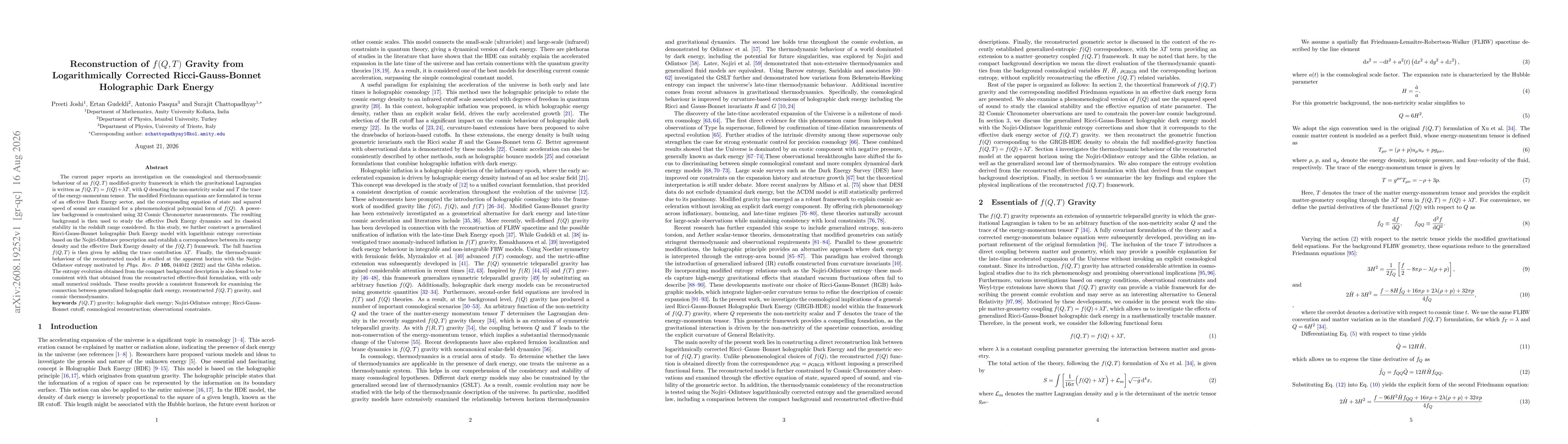 Thumbnail for Reconstruction of f(Q,T) Gravity from Logarithmically Corrected Ricci-Gauss-Bonnet Holographic Dark Energy