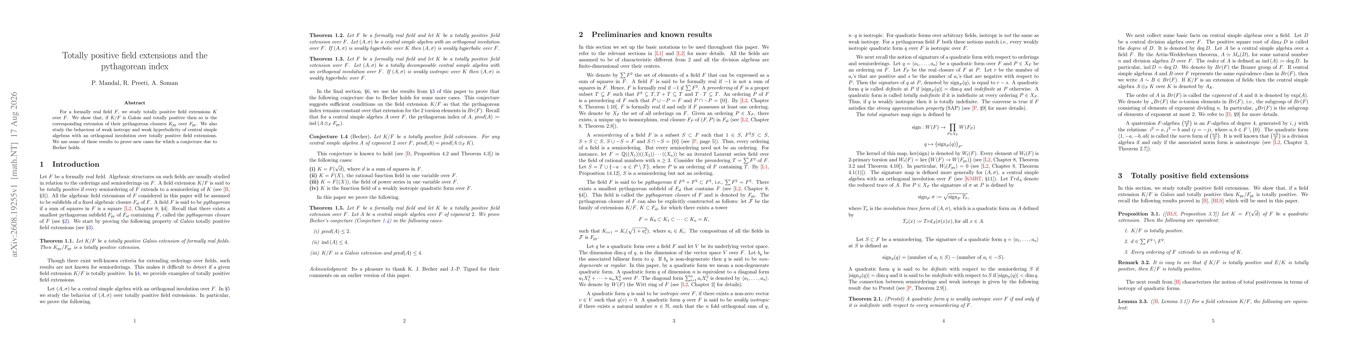 Thumbnail for Totally positive field extensions and the pythagorean index