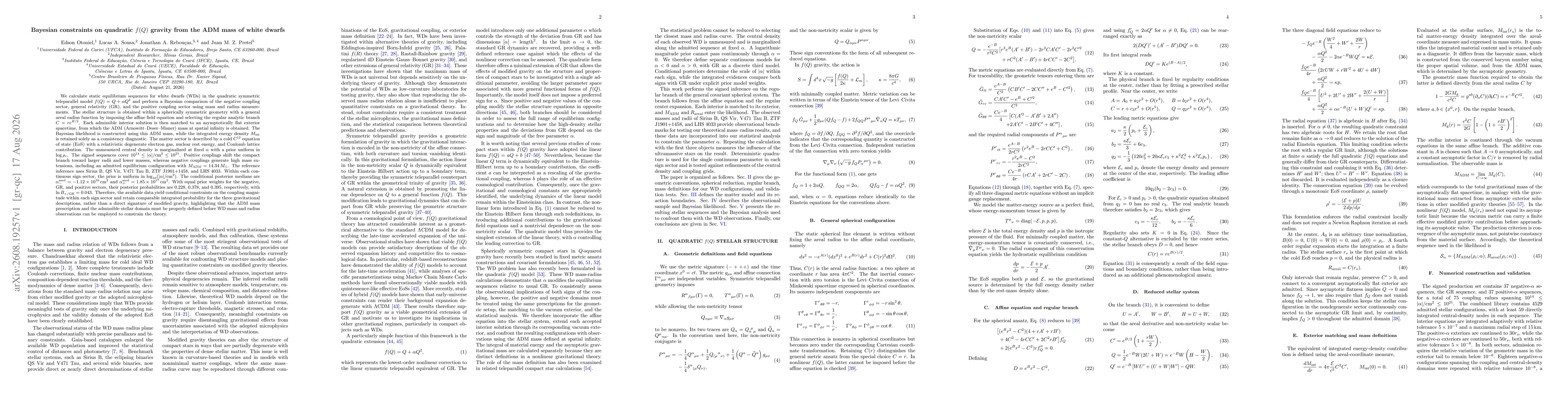 Thumbnail for Bayesian constraints on quadratic $f(Q)$ gravity from the ADM mass of white dwarfs