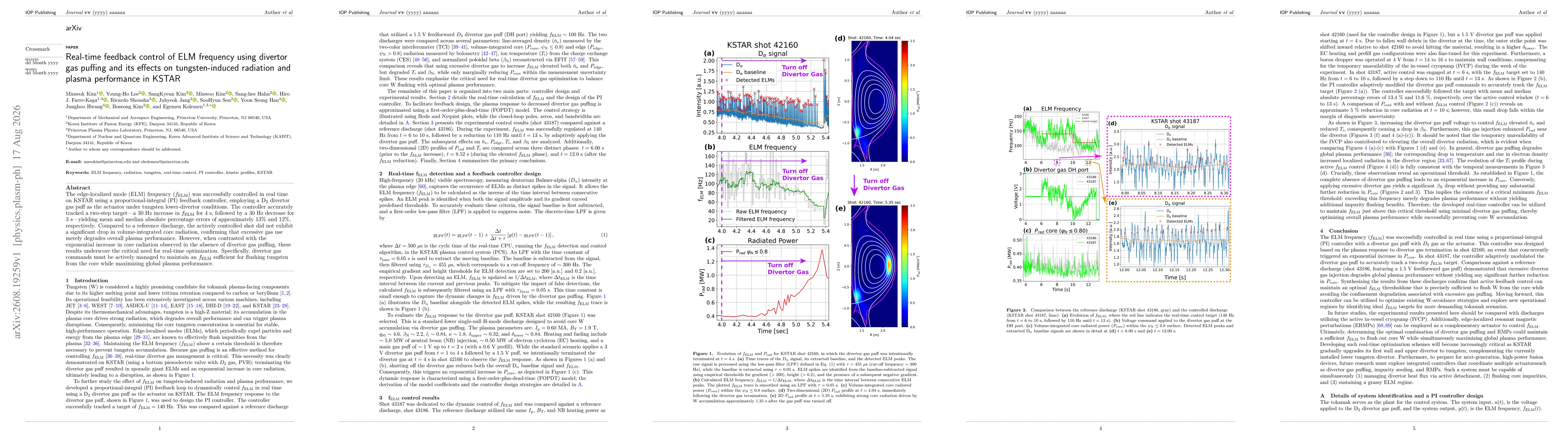 Thumbnail for Real-time feedback control of ELM frequency using divertor gas puffing and its effects on tungsten-induced radiation and plasma performance in KSTAR