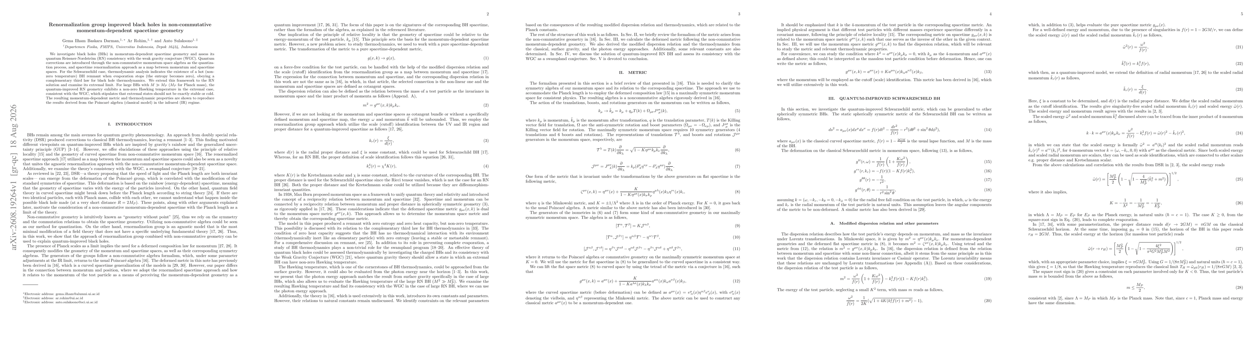 Thumbnail for Renormalization group improved black holes in non-commutative momentum-dependent spacetime geometry