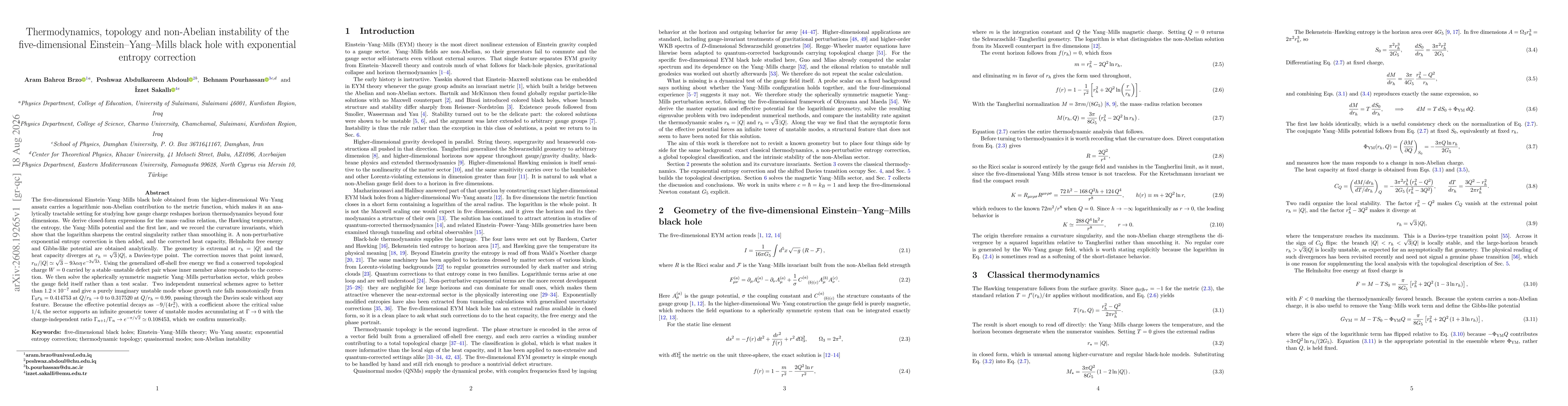 Thumbnail for Thermodynamics, topology and non-Abelian instability of the five-dimensional Einstein--Yang--Mills black hole with exponential entropy correction