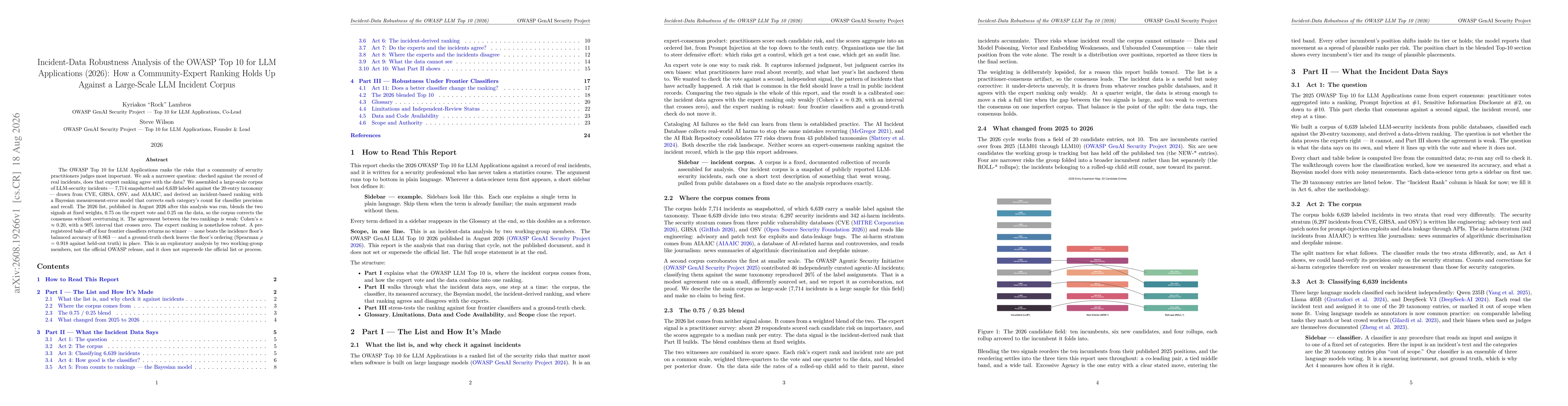Thumbnail for Incident-Data Robustness Analysis of the OWASP Top 10 for LLM Applications (2026): How a Community-Expert Ranking Holds Up Against a Large-Scale LLM Incident Corpus