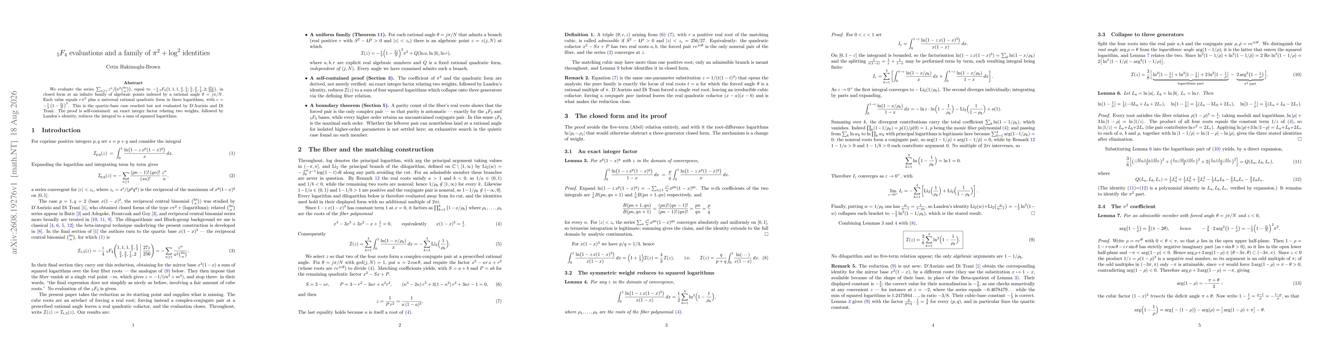 Thumbnail for ${}_5F_4$ evaluations and a family of $π^2+\log^2$ identities