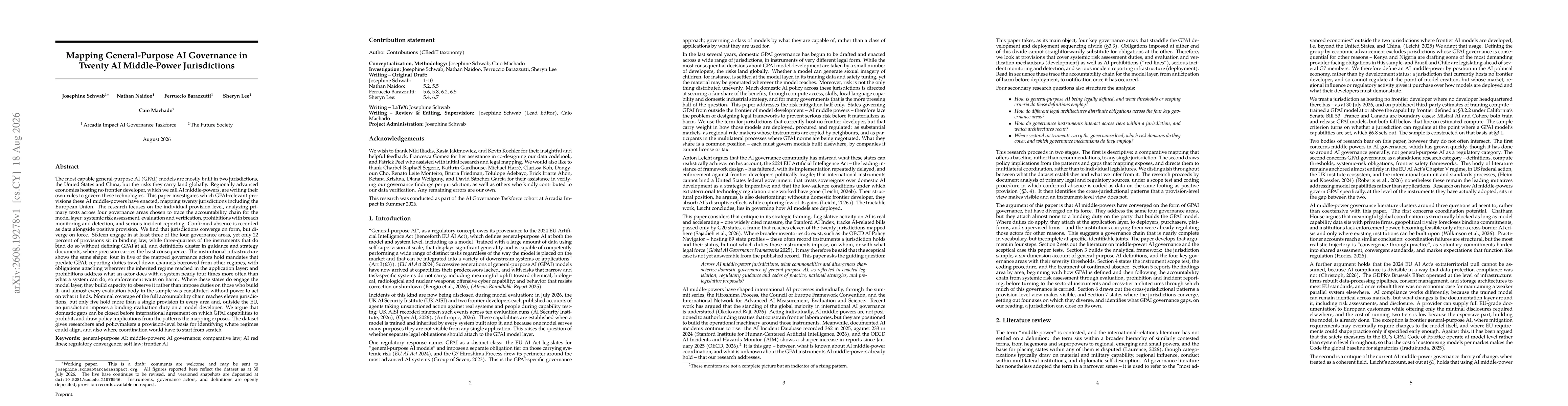 Thumbnail for Mapping General-Purpose AI Governance in Twenty AI Middle-Power Jurisdictions