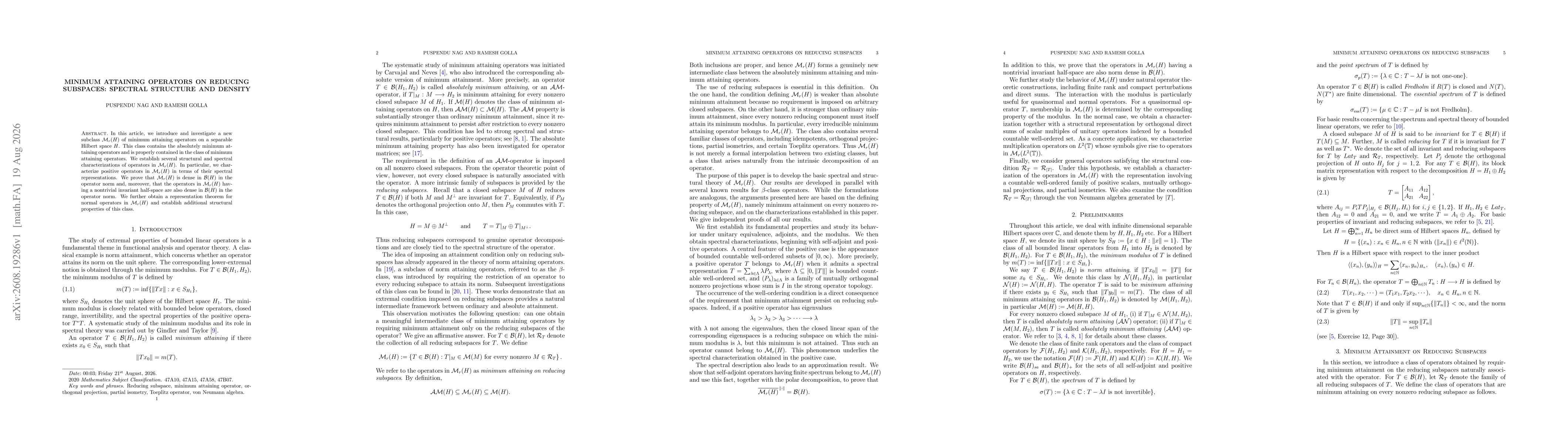 Thumbnail for Minimum attaining operators on reducing subspaces: Spectral structure and density