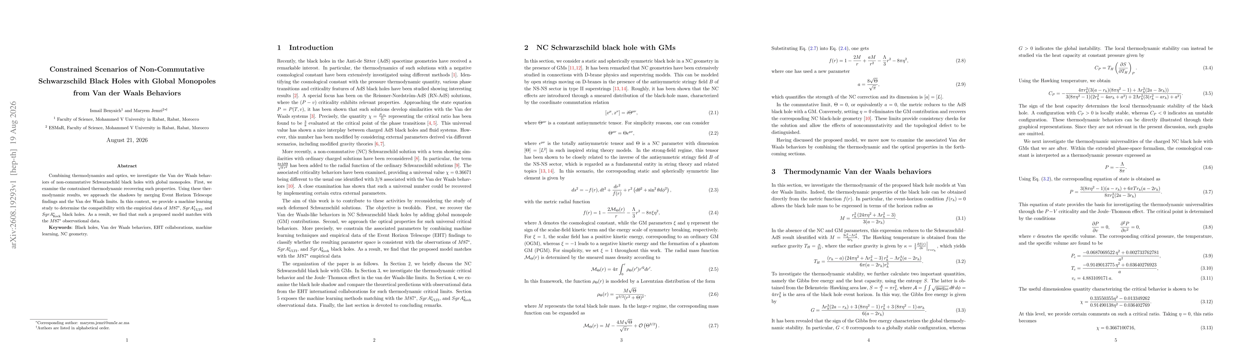 Thumbnail for Constrained Scenarios of Non-Commutative Schwarzschild Black Holes with Global Monopoles from Van der Waals Behaviors