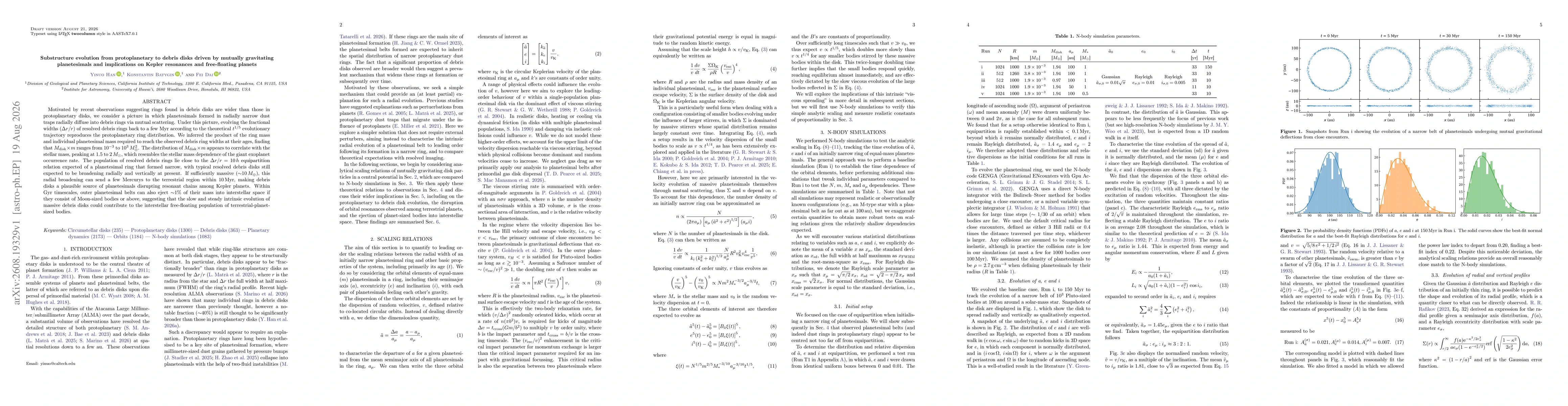 Thumbnail for Substructure evolution from protoplanetary to debris disks driven by mutually gravitating planetesimals and implications on Kepler resonances and free-floating planets