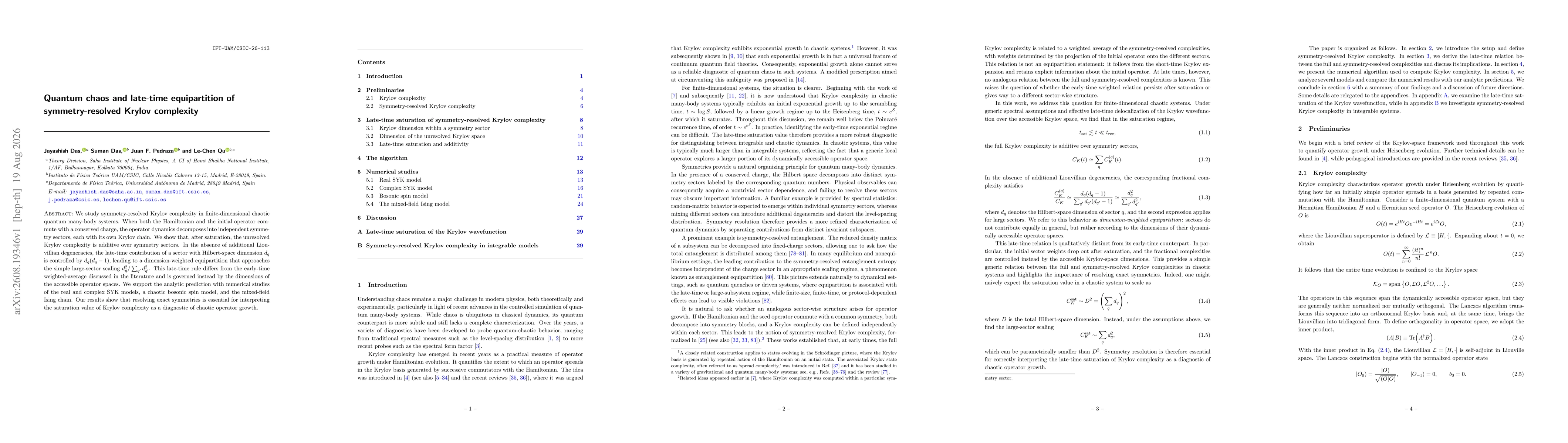 Thumbnail for Quantum chaos and late-time equipartition of symmetry-resolved Krylov complexity