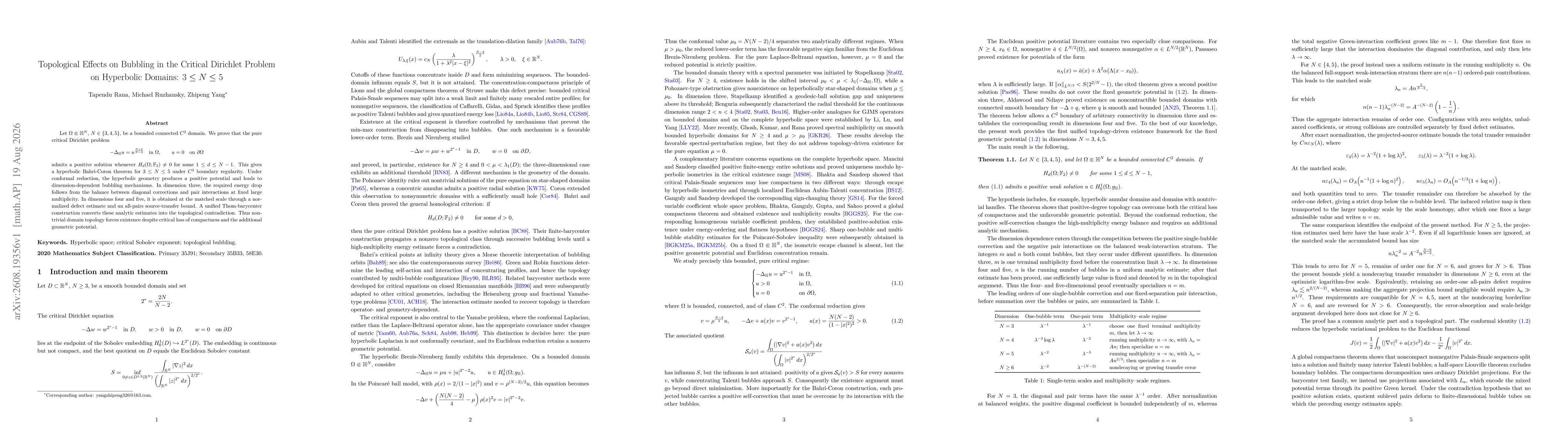 Thumbnail for Topological Effects on Bubbling in the Critical Dirichlet Problem on Hyperbolic Domains: $3\leq N \leq5$