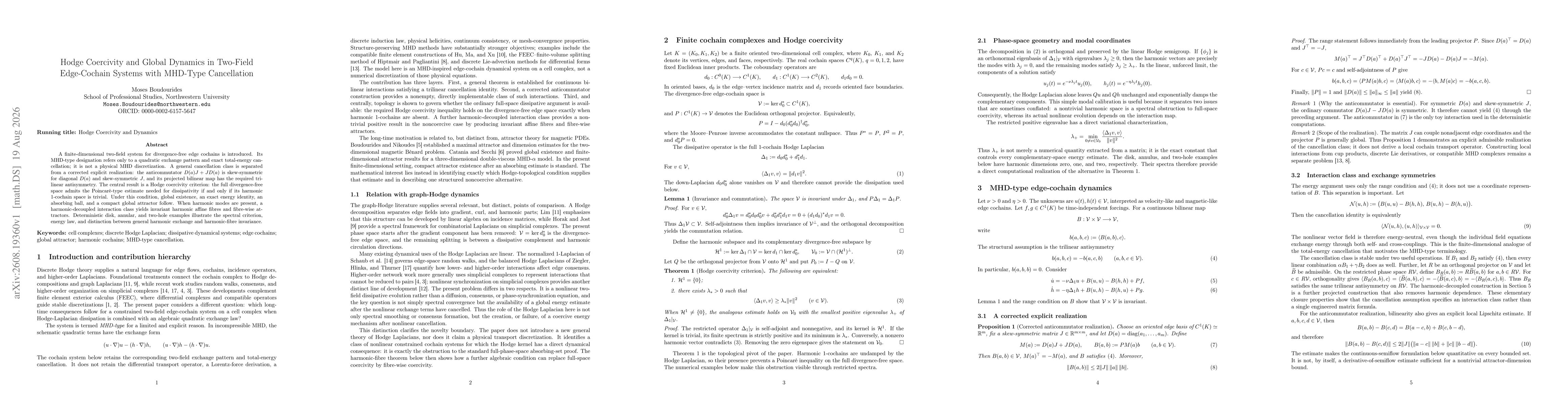 Thumbnail for Hodge Coercivity and Global Dynamics in Two-Field Edge-Cochain Systems with MHD-Type Cancellation