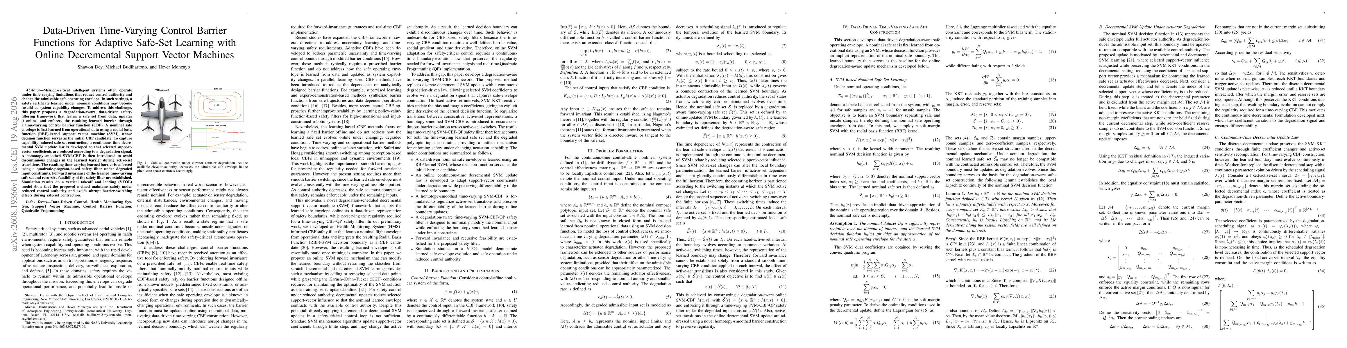 Thumbnail for Data-Driven Time-Varying Control Barrier Functions for Adaptive Safe-Set Learning with Online Decremental Support Vector Machines