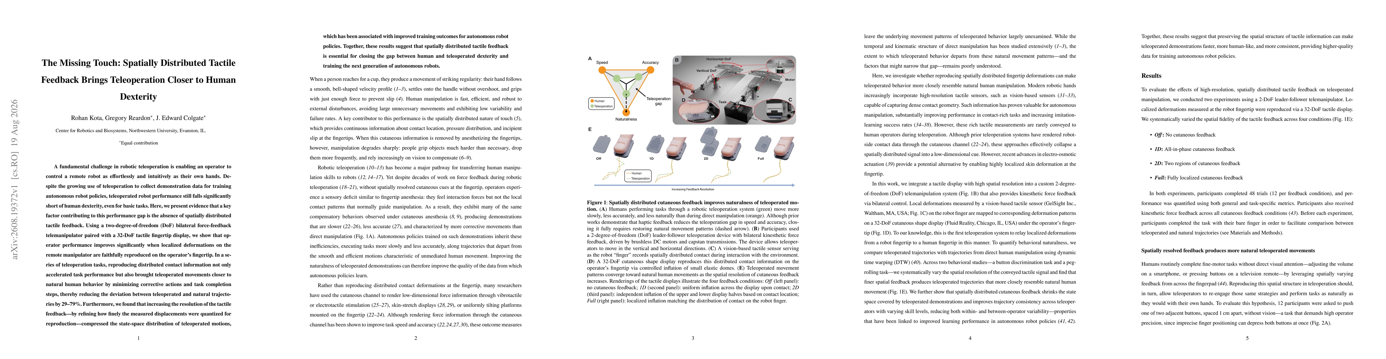 Thumbnail for The Missing Touch: Spatially Distributed Tactile Feedback Brings Teleoperation Closer to Human Dexterity