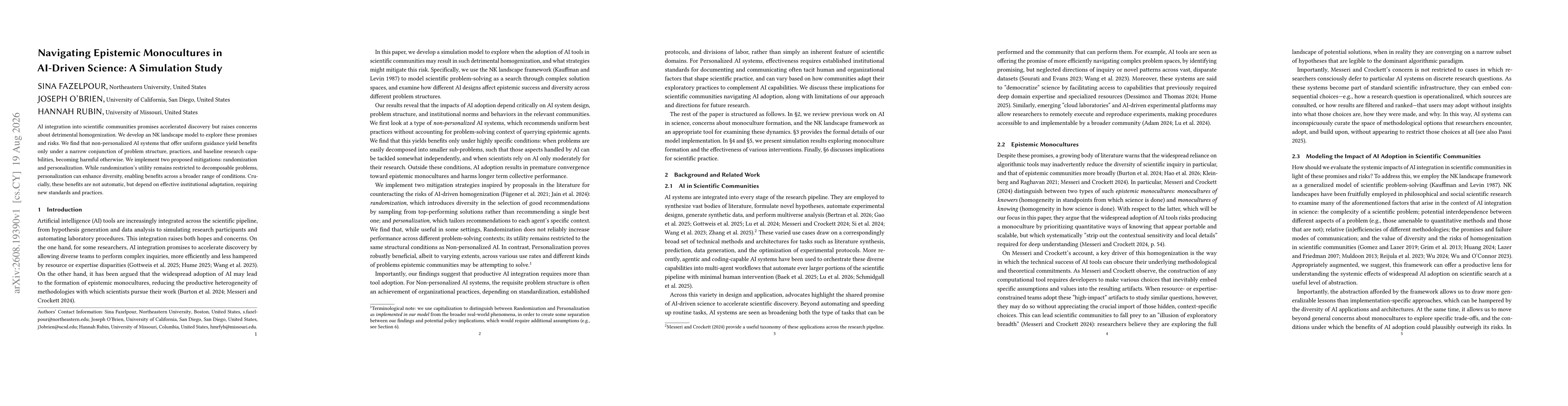 Thumbnail for Navigating Epistemic Monocultures in AI-Driven Science: A Simulation Study