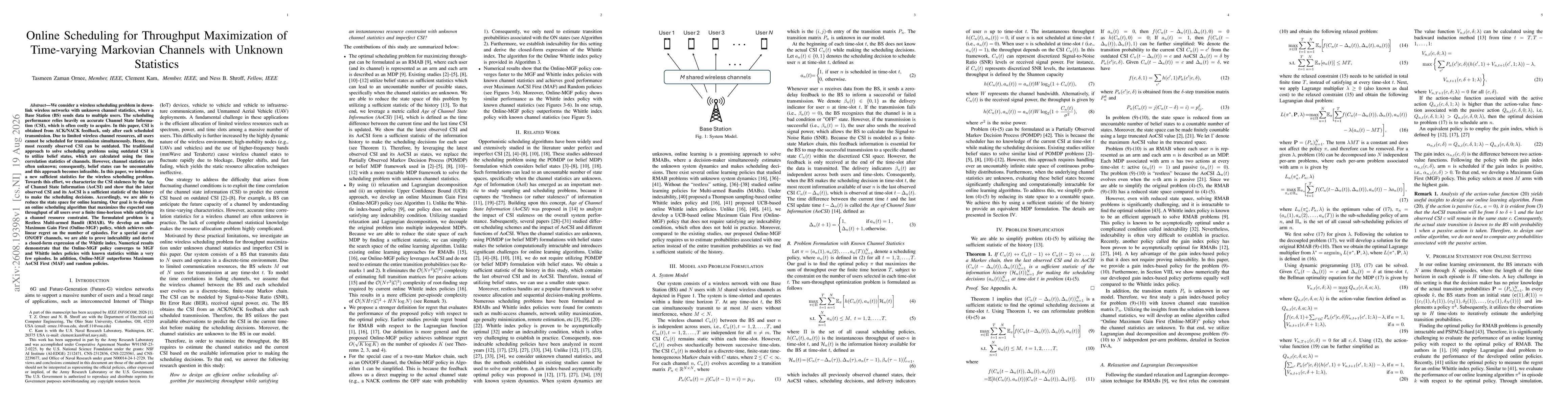 Thumbnail for Online Scheduling for Throughput Maximization of Time-varying Markovian Channels with Unknown Statistics