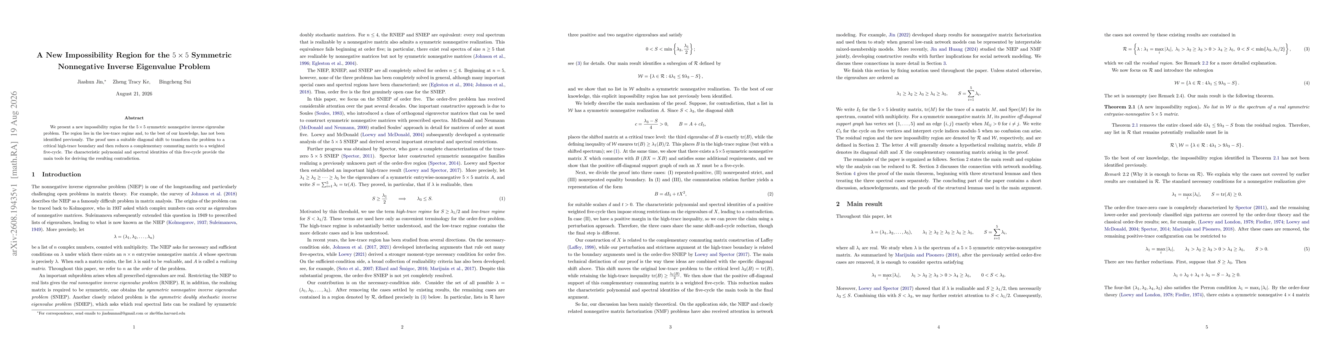 Thumbnail for A New Impossibility Region for the $5\times5$ Symmetric Nonnegative Inverse Eigenvalue Problem
