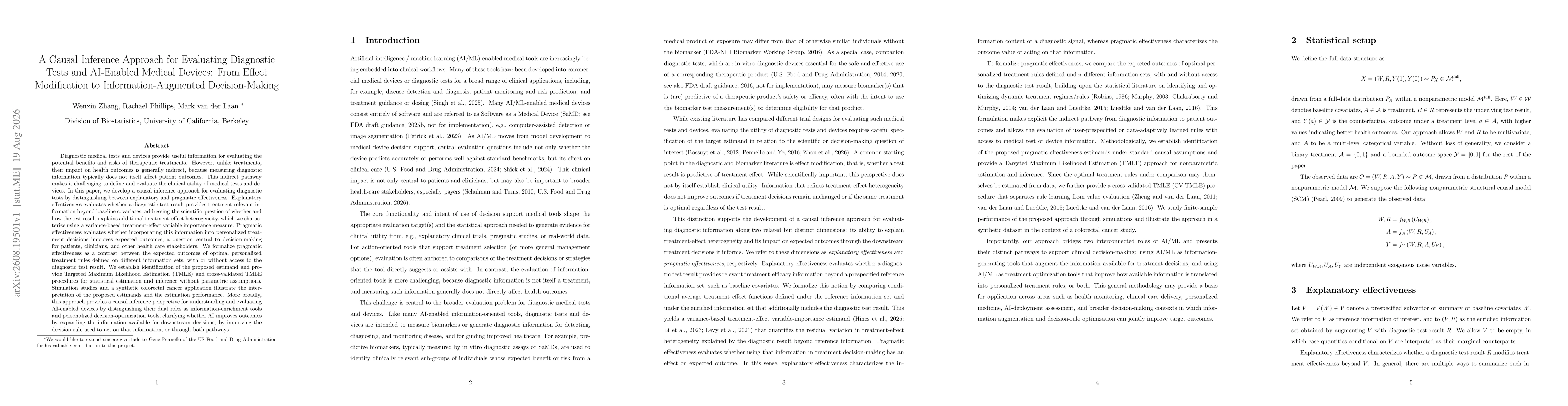 Thumbnail for A Causal Inference Approach for Evaluating Diagnostic Tests and AI-Enabled Medical Devices: From Effect Modification to Information-Augmented Decision-Making