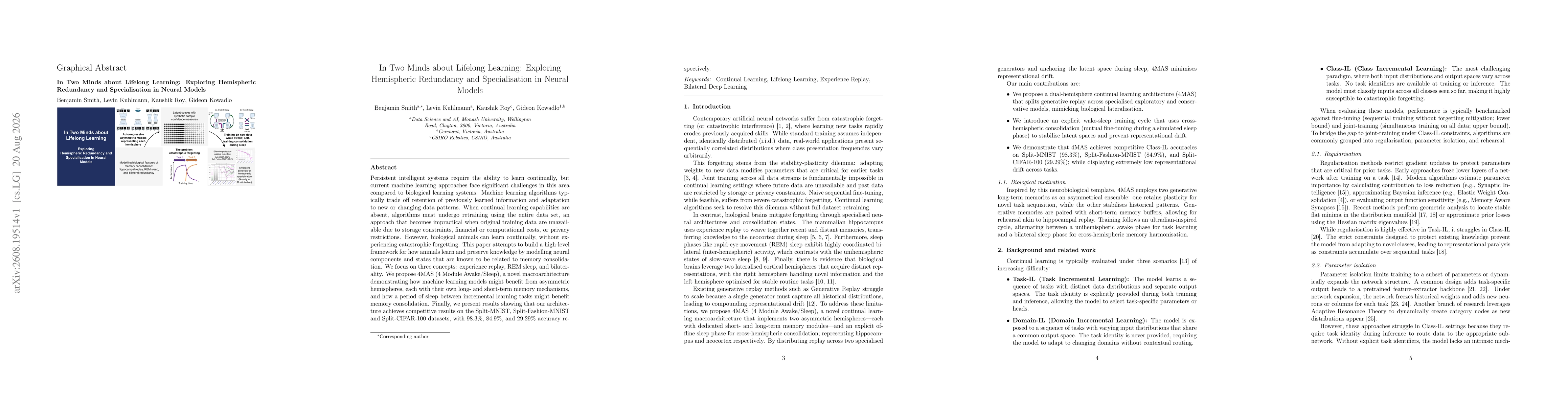 Thumbnail for In Two Minds about Lifelong Learning: Exploring Hemispheric Redundancy and Specialisation in Neural Models