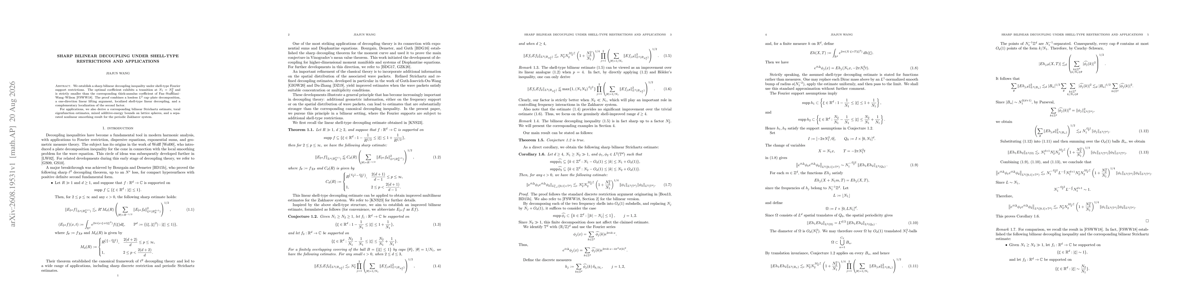 Thumbnail for Sharp Bilinear Decoupling under Shell-Type Restrictions and Applications