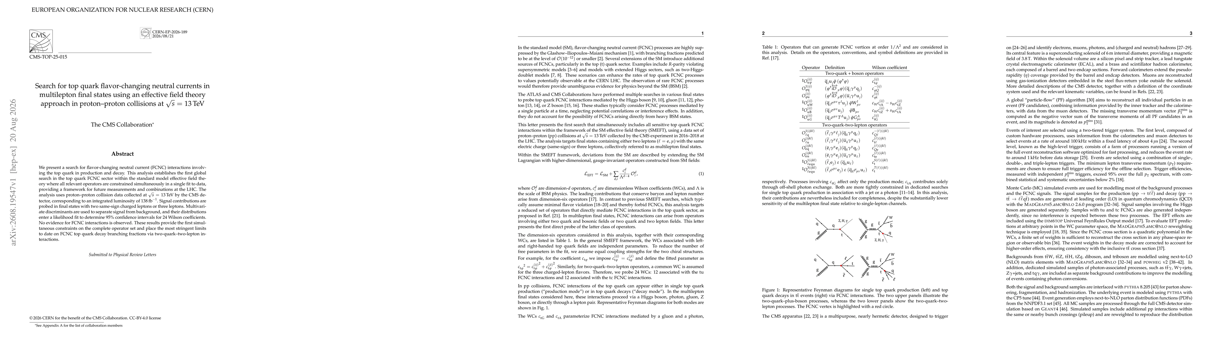 Thumbnail for Search for top quark flavor-changing neutral currents in multilepton final states using an effective field theory approach in proton--proton collisions at $\sqrt{s}$ = 13 TeV