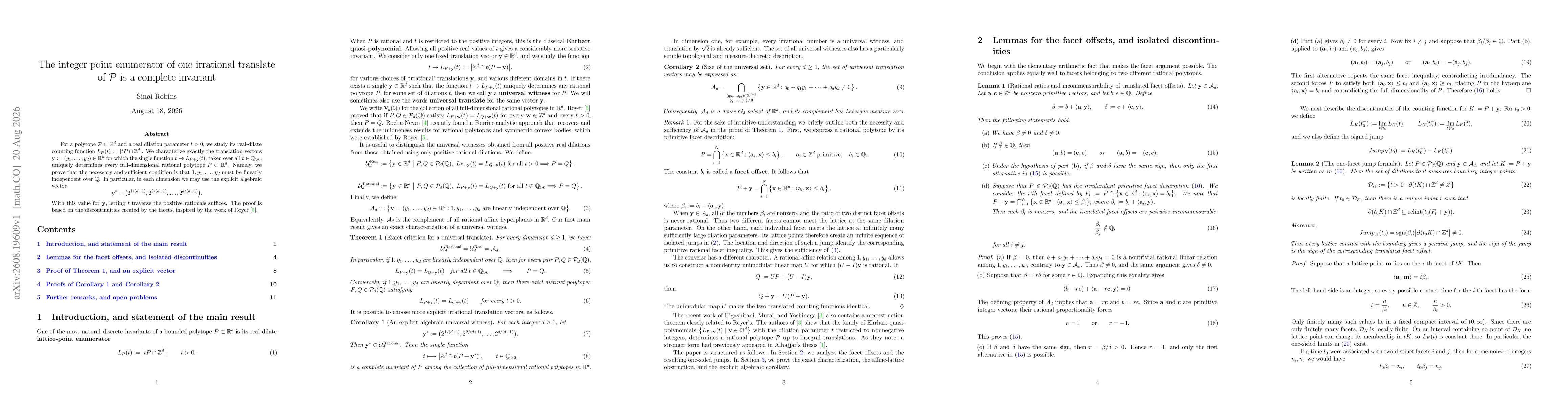 Thumbnail for The integer point enumerator of one irrational translate of P is a complete invariant
