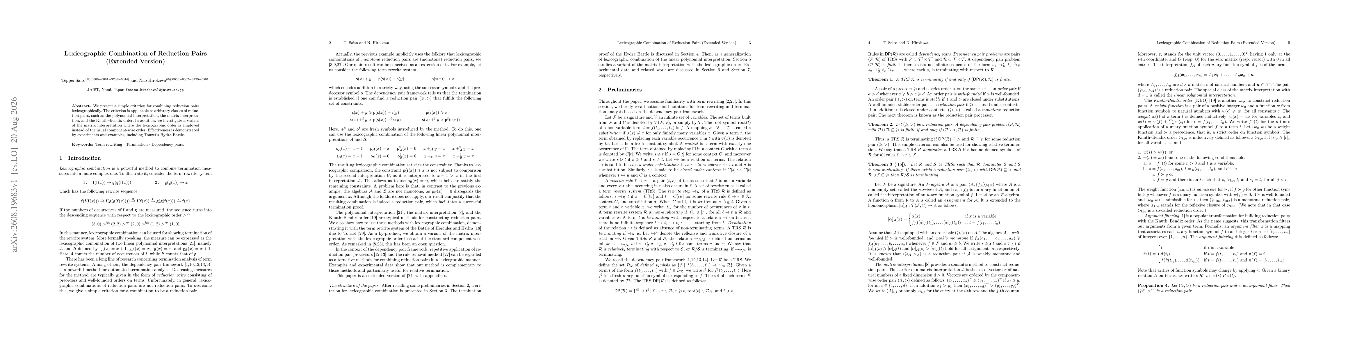 Thumbnail for Lexicographic Combination of Reduction Pairs (Extended Version)