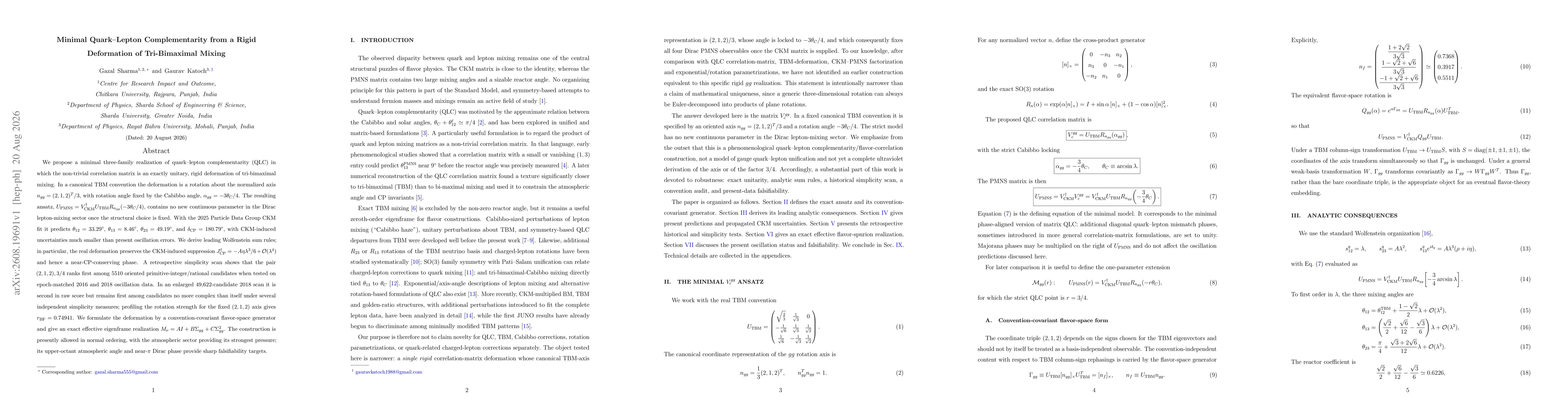 Thumbnail for Minimal Quark-Lepton Complementarity from a Rigid Deformation of Tri-Bimaximal Mixing