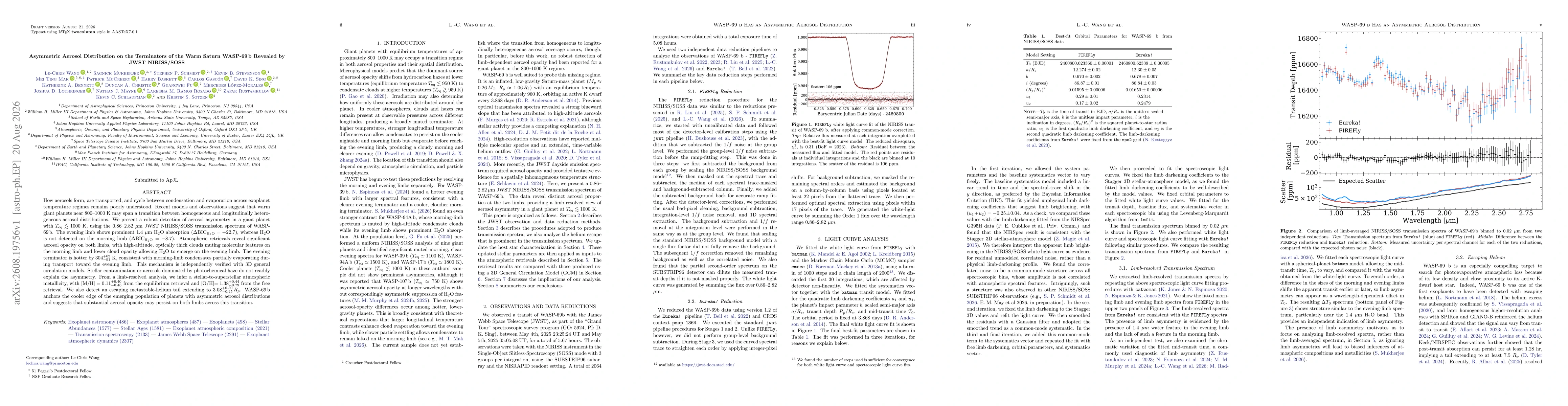Thumbnail for Asymmetric Aerosol Distribution on the Terminators of the Warm Saturn WASP-69 b Revealed by JWST NIRISS/SOSS