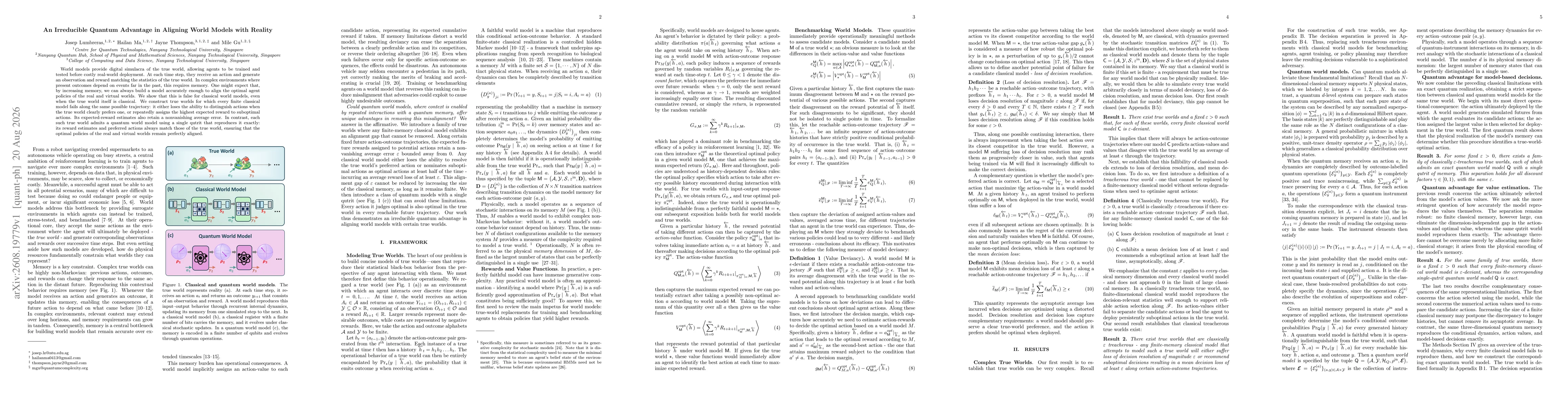 Thumbnail for An Irreducible Quantum Advantage in Aligning World Models with Reality