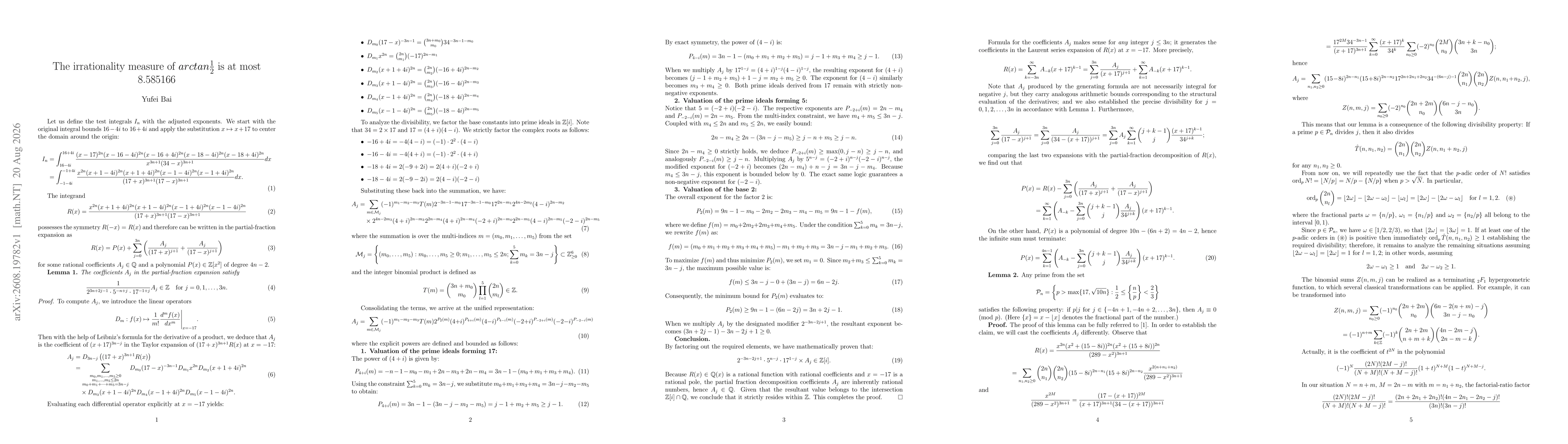 Thumbnail for The irrationality measure of arctan1/2 is at most 8.585166