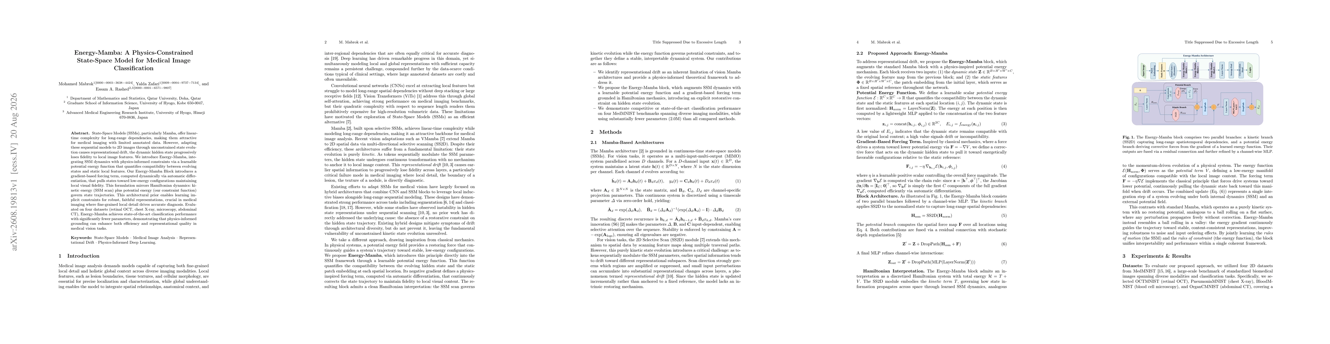 Thumbnail for Energy-Mamba: A Physics-Constrained State-Space Model for Medical Image Classification