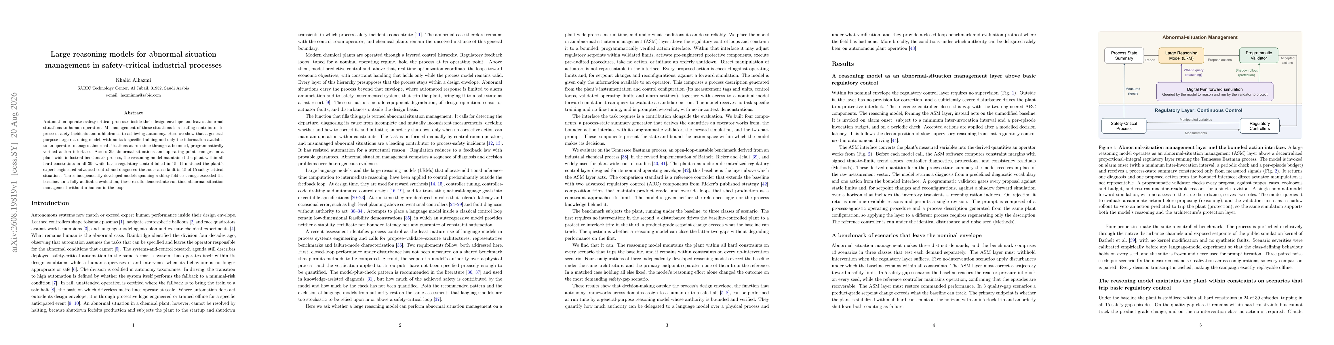 Thumbnail for Large reasoning models for abnormal situation management in safety-critical industrial processes