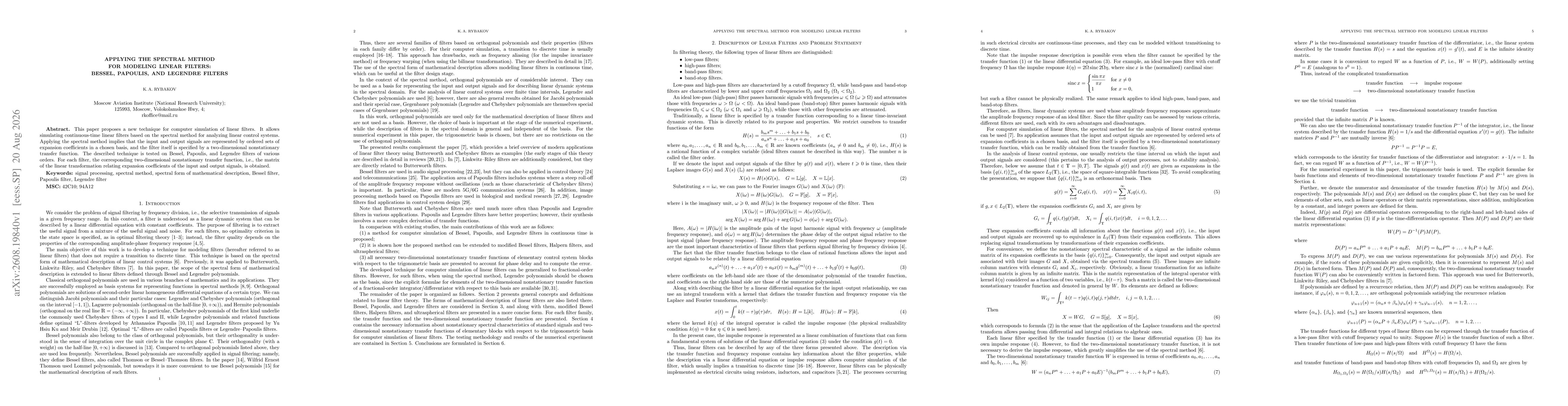 Thumbnail for Applying the Spectral Method for Modeling Linear Filters: Bessel, Papoulis, and Legendre Filters