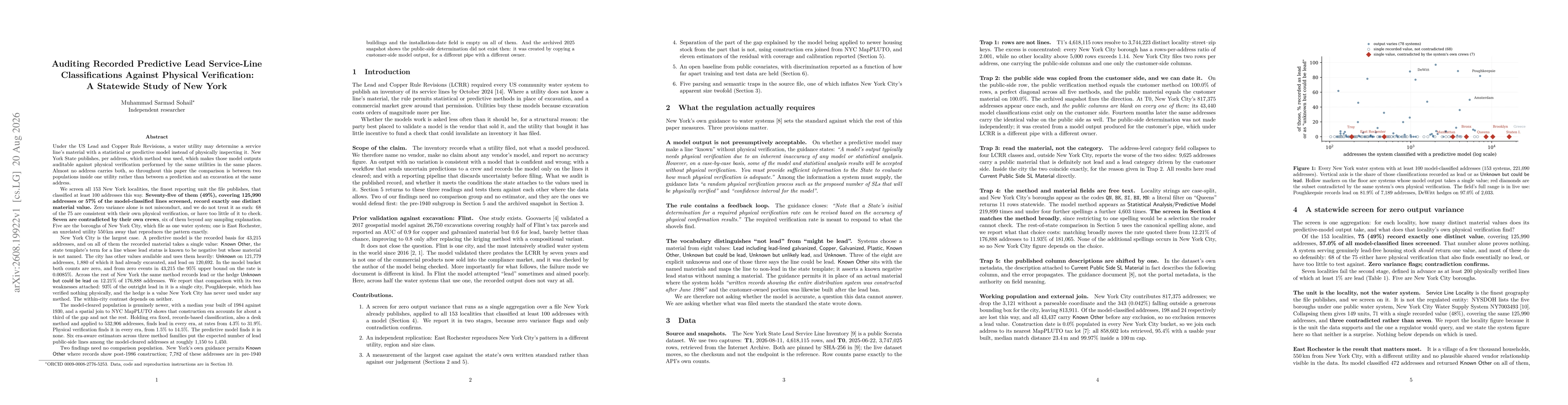 Thumbnail for Auditing Recorded Predictive Lead Service-Line Classifications Against Physical Verification: A Statewide Study of New York