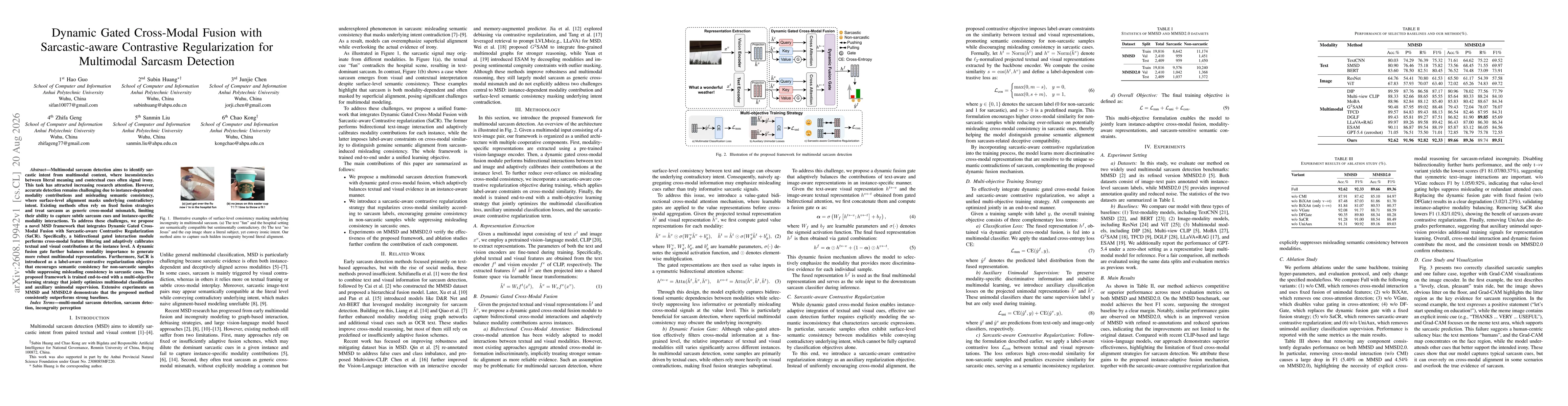 Thumbnail for Dynamic Gated Cross-Modal Fusion with Sarcastic-aware Contrastive Regularization for Multimodal Sarcasm Detection
