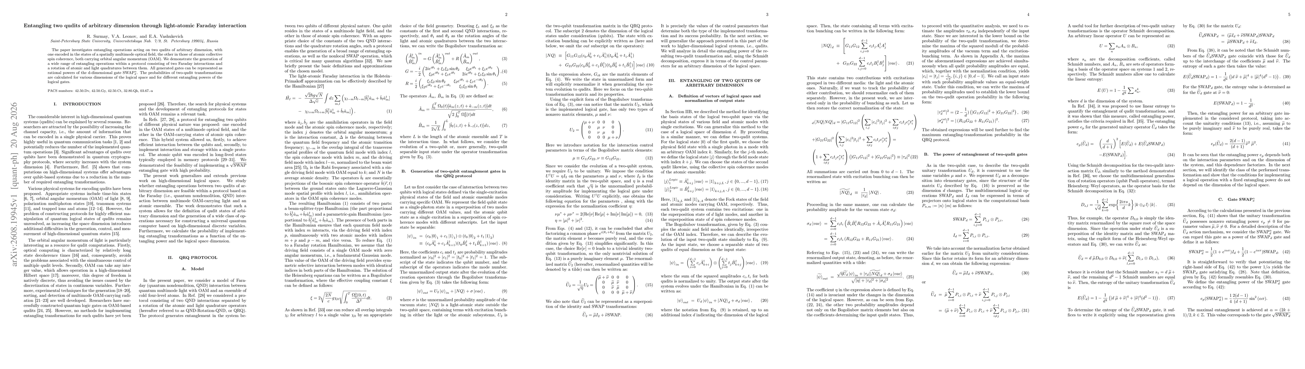 Thumbnail for Entangling two qudits of arbitrary dimension through light-atomic Faraday interaction