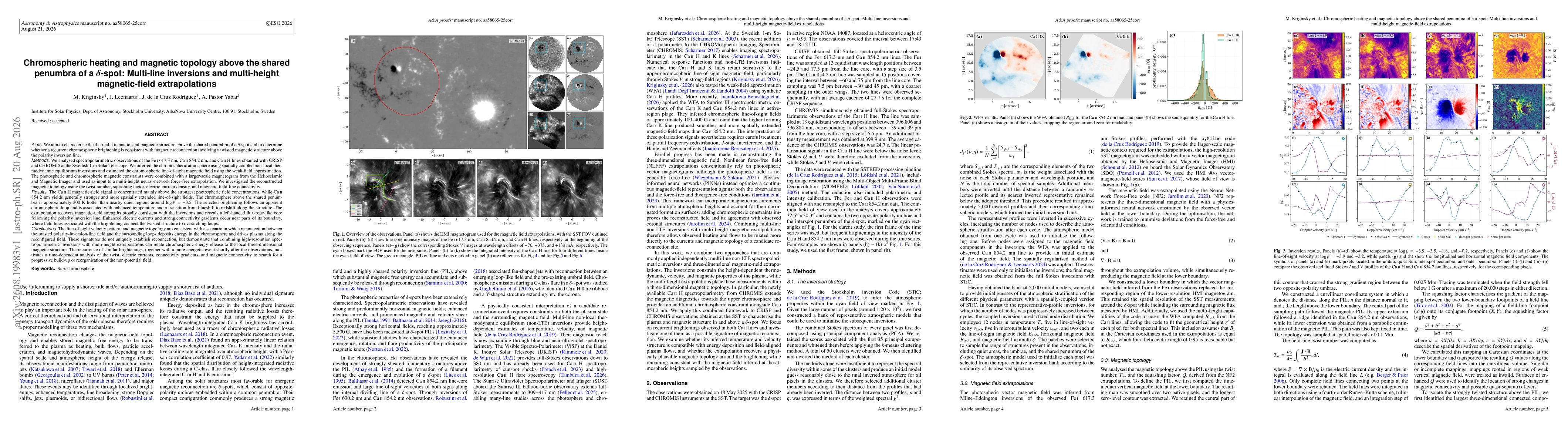 Thumbnail for Chromospheric heating and magnetic topology above the shared penumbra of a delta-spot: Multi-line inversions and multi-height magnetic-field extrapolations